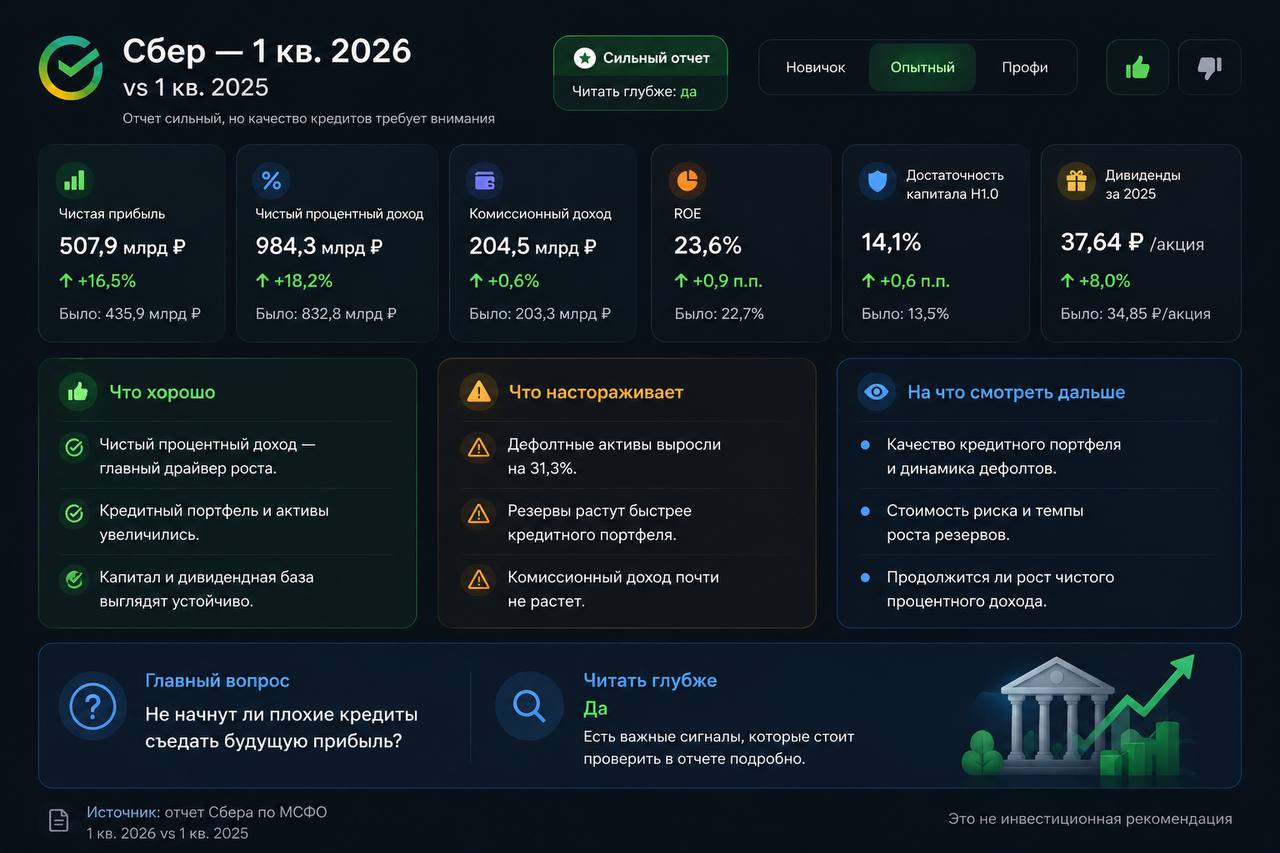 Пример краткого саммари отчета Сбера за 1 квартал 2026 года